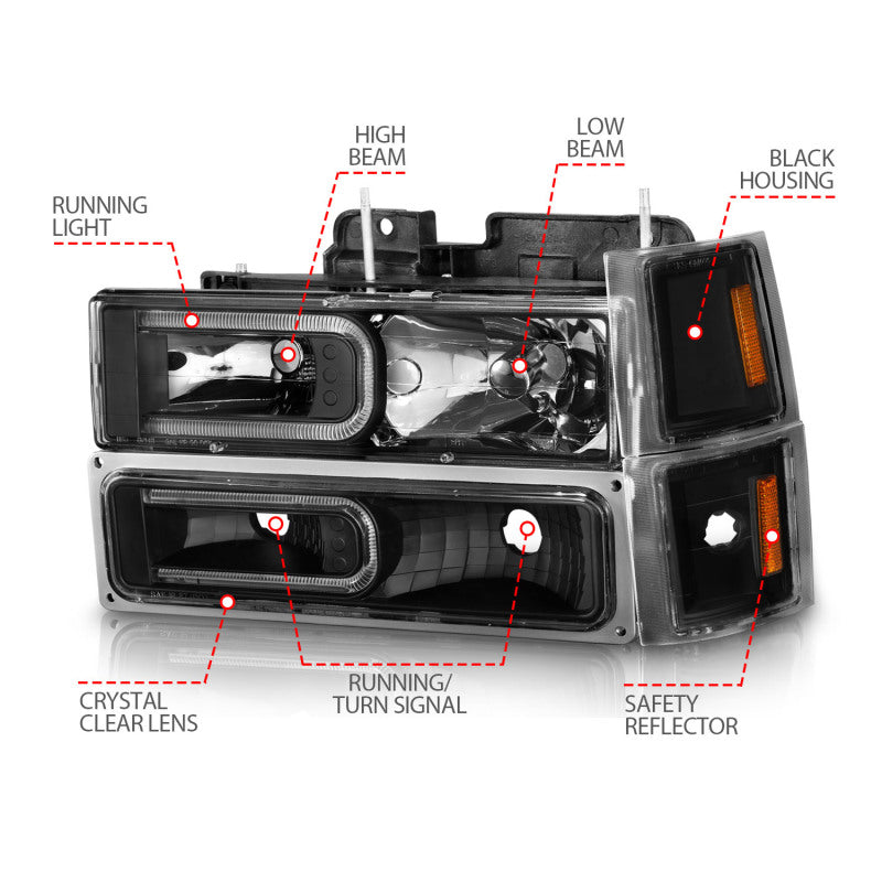 ANZO 88-98 Chevrolet C1500 Crystal Headlights w/ Light Bar Black Housing w/ Signal Side Markers 8Pcs - Burkken Auto Parts