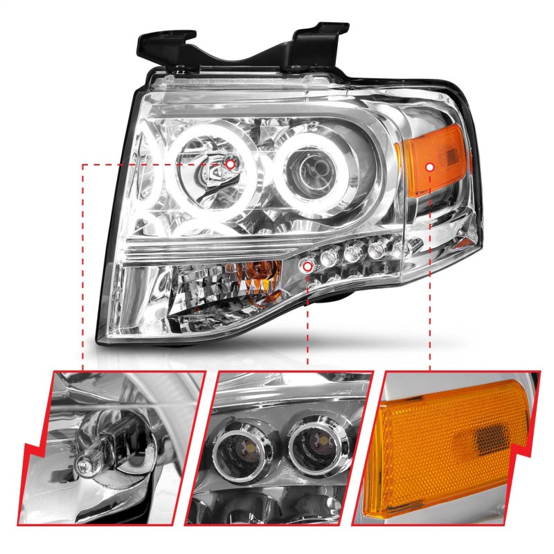 ANZO 2007-2014 Ford Expedition Projector Headlights Chrome - Burkken Auto Parts
