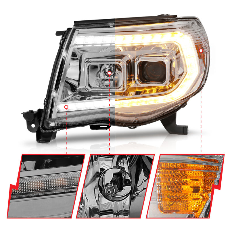 ANZO 05-11 Toyota Tacoma Projector Headlights w/Light Bar Switchback Chrome Housing - Burkken Auto Parts