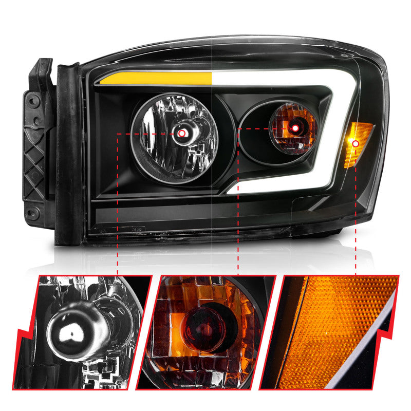 ANZO 06-09 Dodge RAM 1500/2500/3500 Headlights Black Housing/Clear Lens (w/Switchback Light Bars) - Burkken Auto Parts