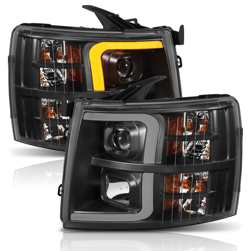 ANZO 07-13 Chevrolet Silverado 1500 Plank Style Projector Headlights Black w/ Amber - Burkken Auto Parts
