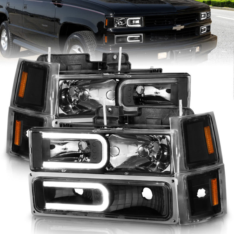 ANZO 88-98 Chevrolet C1500 Crystal Headlights w/ Light Bar Black Housing w/ Signal Side Markers 8Pcs - Burkken Auto Parts