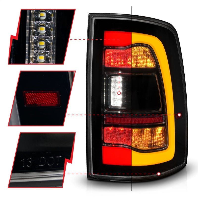 ANZO 09-18 Dodge Ram 1500 Sequential LED Taillights Smoke Black w/Switchback Amber Signal - Burkken Auto Parts
