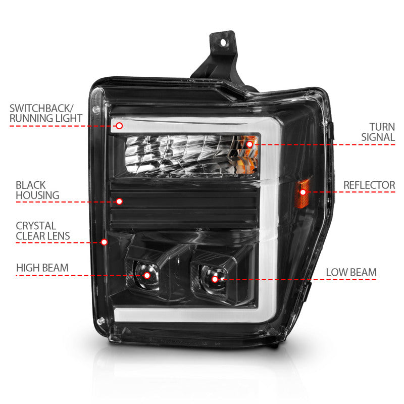ANZO 08-10 Ford F-250 - F-550 Super Duty Projector Headlights w/ Light Bar Switchback Black Housing - Burkken Auto Parts