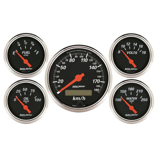 Autometer Designer Black 5 Pc Kit w/ Elec KMH Speedo, Oil Press, Water Temp, Volt, Fuel Level - Burkken Auto Parts