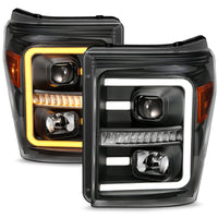 ANZO 2011-2016 Ford F250 Projector Headlights w/ Plank Style Switchback Black w/ Amber - Burkken Auto Parts