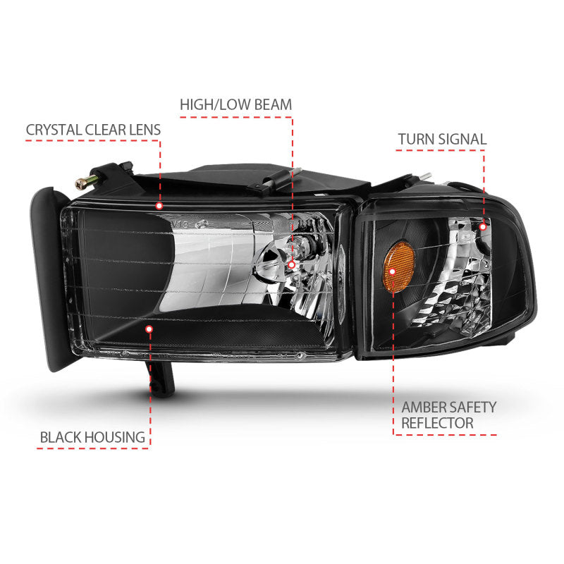 ANZO 1994-2001 Dodge Ram Crystal Headlights Black - Burkken Auto Parts