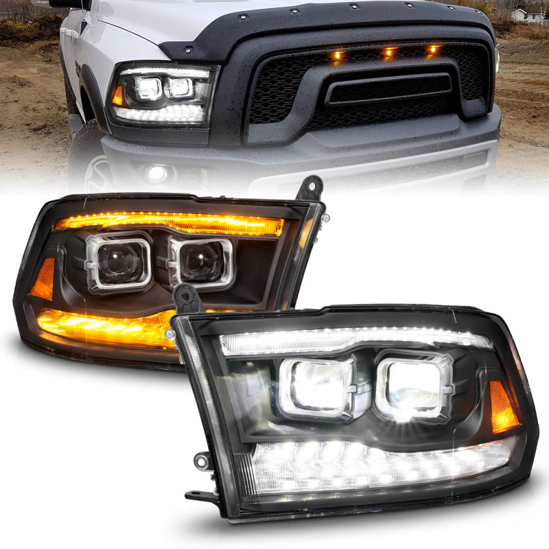 ANZO 09-18 Dodge Ram 1500/2500/3500 Full LED Proj Headlights w/Switchback Light Bar - Black - Burkken Auto Parts