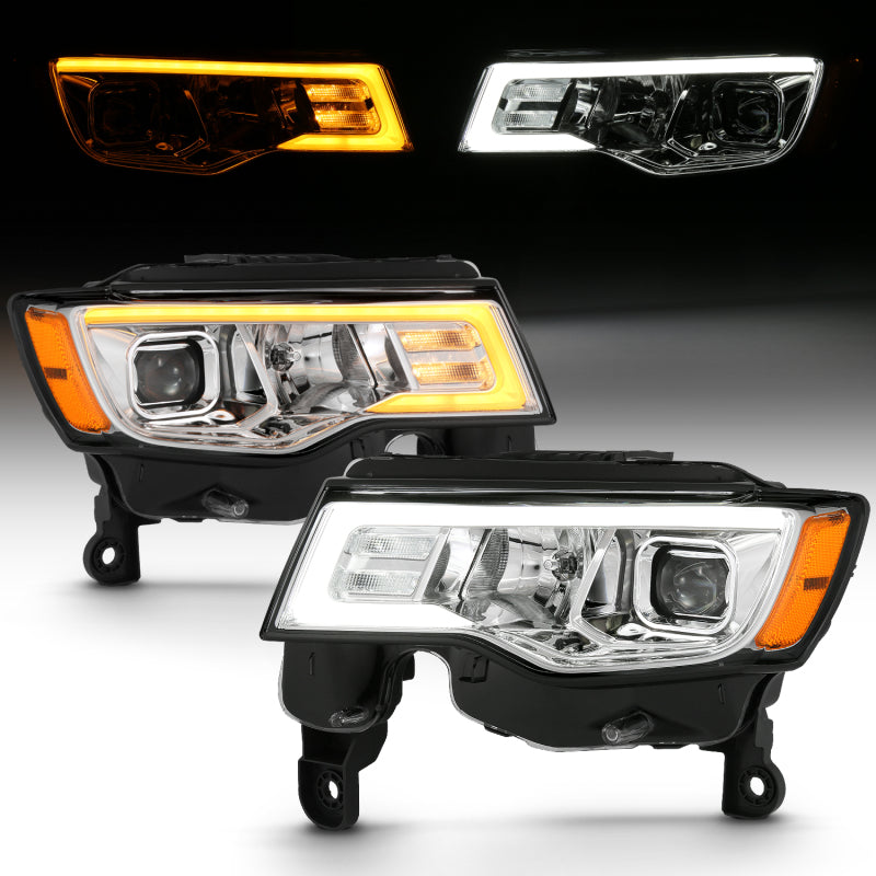 ANZO 2017-2018 Jeep Grand Cherokee Projector Headlights w/ Plank Style Switchback - Chrome w/ Amber - Burkken Auto Parts