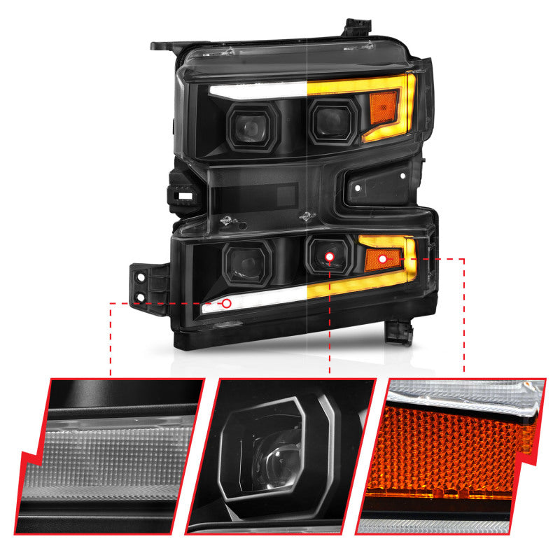 ANZO 19-22 Chevrolet Silverado 1500 LED Proj HL w/Lgt Bar SwBk Seq. Blk w/In. Light - Driver Side ON - Burkken Auto Parts