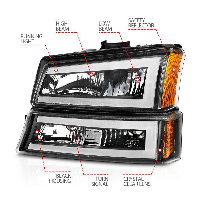 ANZO 2003-2006 Chevrolet Silverado 1500 Crystal Headlights w/ Light Bar Black Housing - Burkken Auto Parts