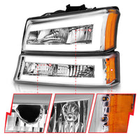 ANZO 2003-2006 Chevrolet Silverado 1500 Crystal Headlights w/ Light Bar Chrome Housing - Burkken Auto Parts