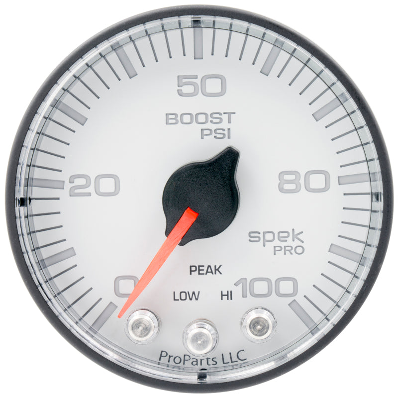 Autometer Spek-Pro 2 1/16in 100PSI Stepper Motor W/Peak & Warn White/Black Boost Gauge - Burkken Auto Parts