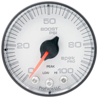 Autometer Spek-Pro 2 1/16in 100PSI Stepper Motor W/Peak & Warn White/Black Boost Gauge - Burkken Auto Parts