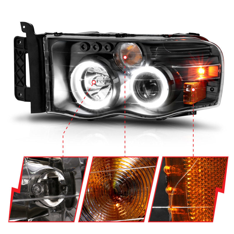 ANZO 2002-2005 Dodge Ram 1500 Projector Headlights w/ Halo Black Clear Amber - Burkken Auto Parts