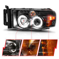 ANZO 2002-2005 Dodge Ram 1500 Projector Headlights w/ Halo Black Clear Amber - Burkken Auto Parts