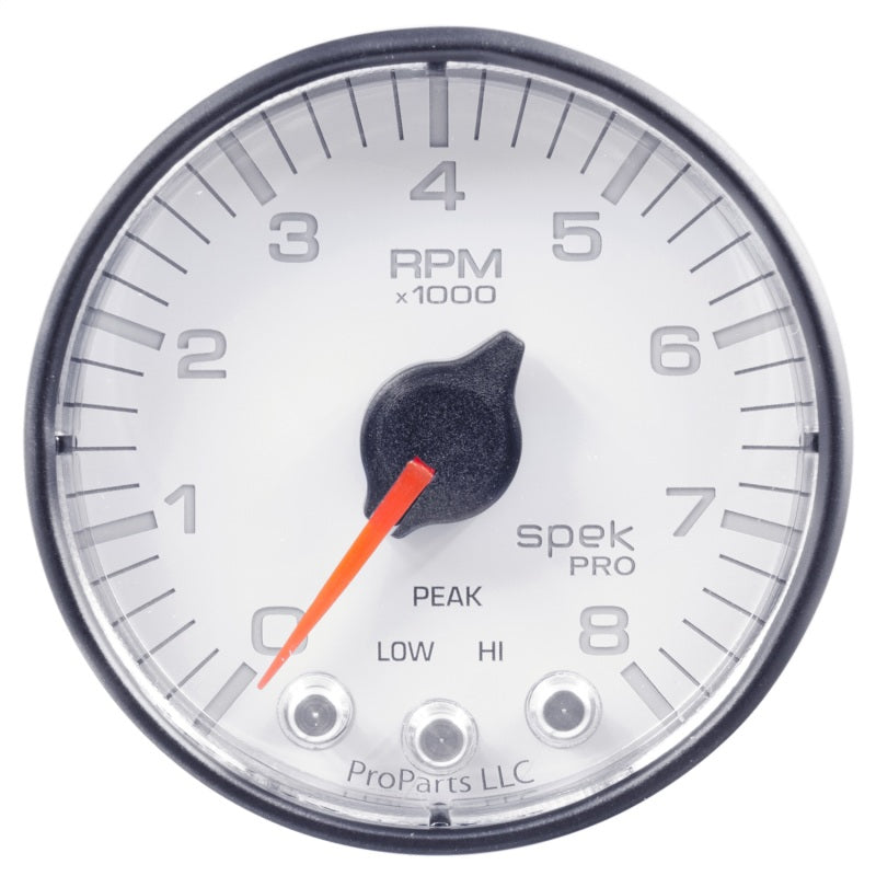 Autometer Spek-Pro Gauge Tach 2 1/16in 8K Rpm W/ Shift Light & Peak Mem Wht/Blk - Burkken Auto Parts