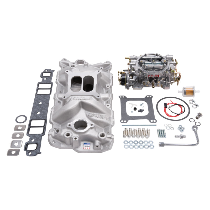 Edelbrock Manifold And Carb Kit Performer Eps Small Block Chevrolet 1957-1986 Natural Finish - Burkken Auto Parts