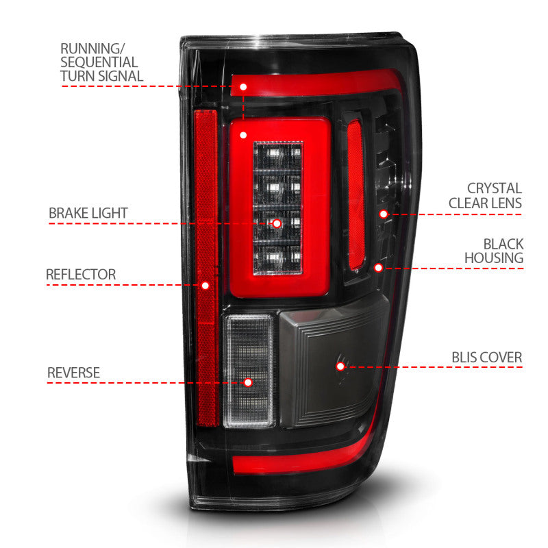 ANZO 21-23 Ford F-150 LED Taillights Seq. Signal w/BLIS Cover - Black Housing - Burkken Auto Parts