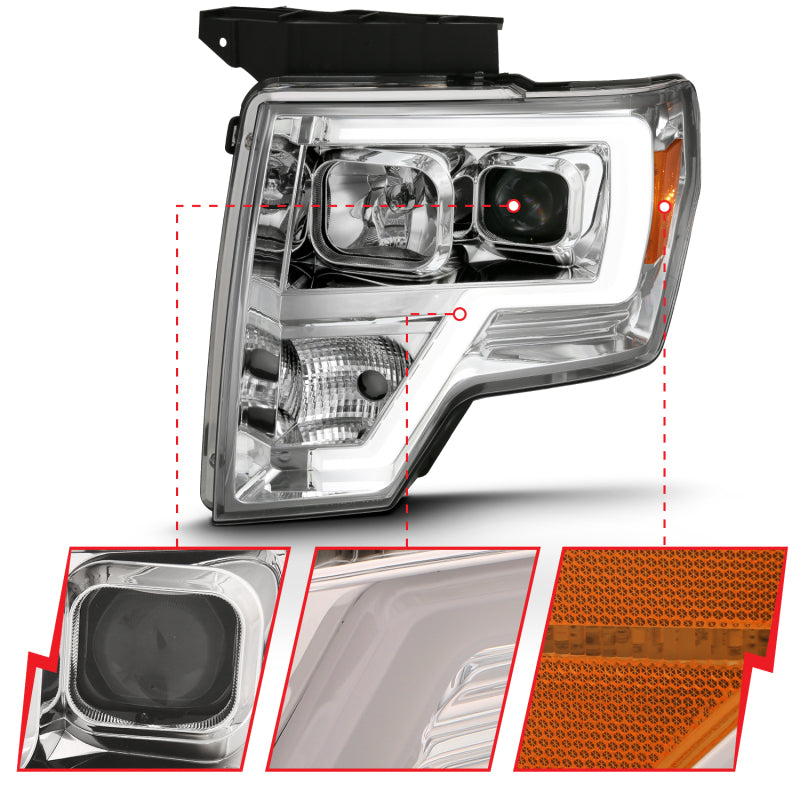 ANZO 2009-2014 Ford F-150 Projector Headlight Plank Style Chrome Amber - Burkken Auto Parts