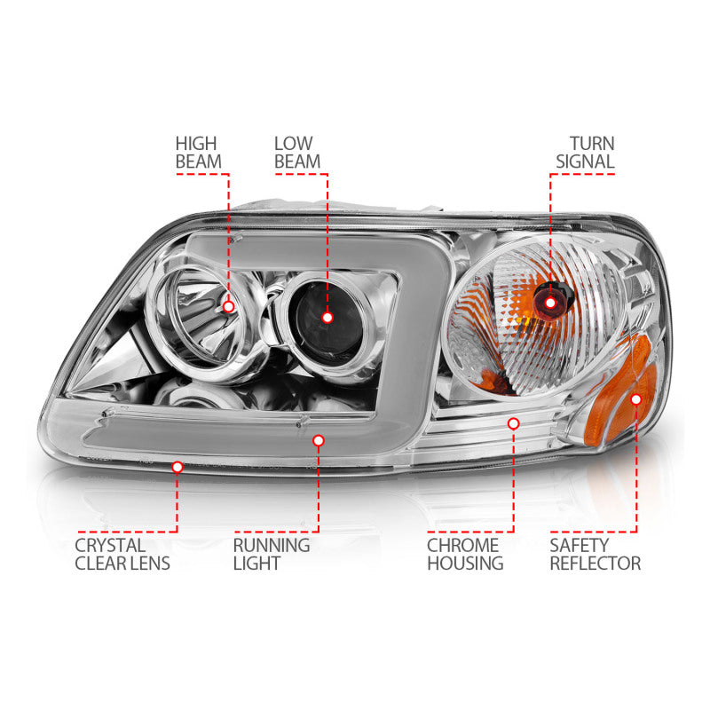 ANZO 1997-2003 Ford F-150 Projector Headlights w/ Light Bar Chrome Housing - Burkken Auto Parts
