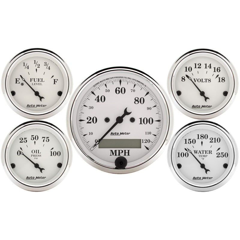 Autometer Old Tyme White 5 Piece Kit (Elec Speed/Elec Oil Press/Water Temp/Volt/Fuel Level) In-Dash - Burkken Auto Parts