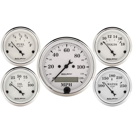 Autometer Old Tyme White 5 Piece Kit (Elec Speed/Elec Oil Press/Water Temp/Volt/Fuel Level) In-Dash - Burkken Auto Parts