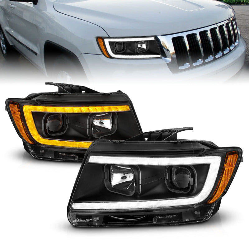 ANZO 11-13 Jeep Grand Cherokee (Factory Halogen Only) Projector Headlights w/Light Bar Swtchbk Black - Burkken Auto Parts