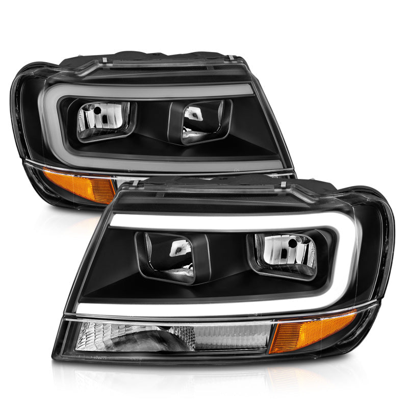 ANZO 99-04 Jeep Grand Cherokee Crystal Headlights - w/ Light Bar Black Housing - Burkken Auto Parts