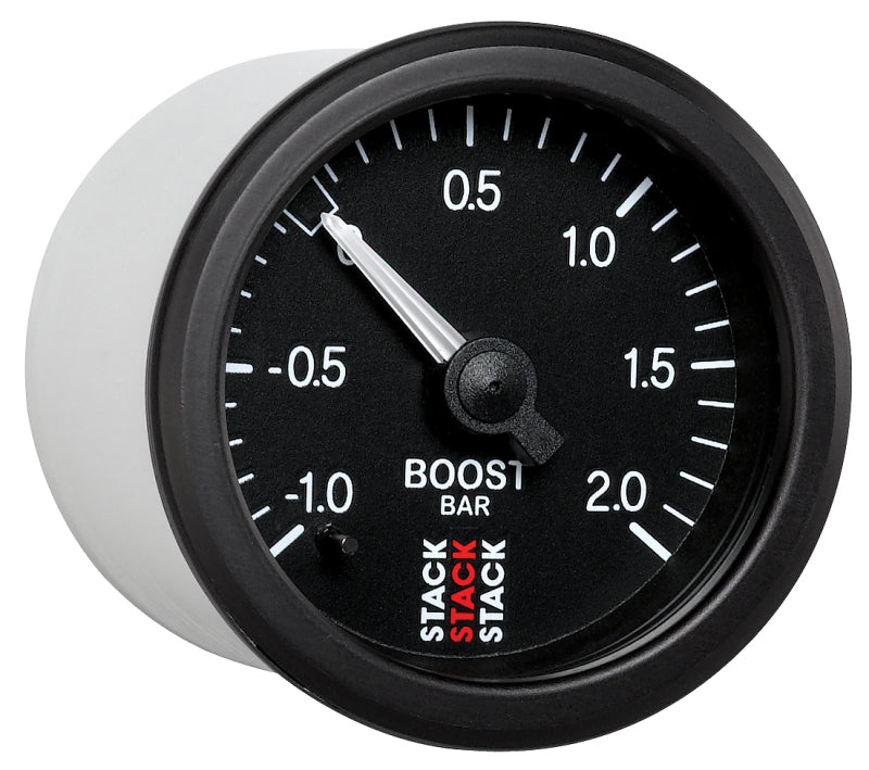 Autometer Stack 52mm -1 to +2 Bar T-Fitting 0.187in Barb (M) Mechanical Boost Pressure Gauge - Black - Burkken Auto Parts
