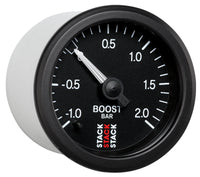 Autometer Stack 52mm -1 to +2 Bar T-Fitting 0.187in Barb (M) Mechanical Boost Pressure Gauge - Black - Burkken Auto Parts