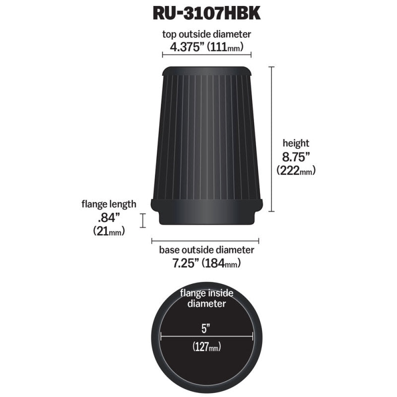 K&N Universal Air Filter (5in Flange / 6-1/2in Base / 4-3/8in Top OD / 8-3/4in Height) - Burkken Auto Parts