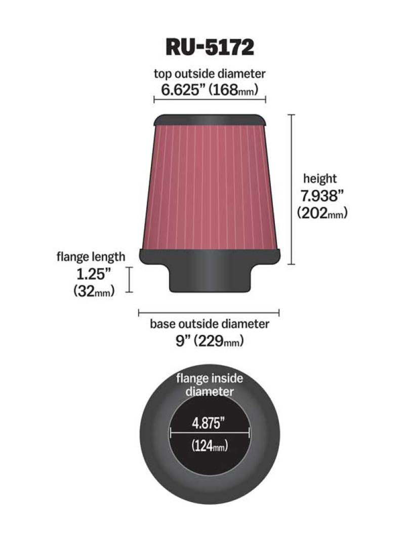 K&N Universal Rubber Filter-Round Tprd 4.875in Flange ID x 9in Base OD x 6.625in Top OD x 7.938in H - Burkken Auto Parts