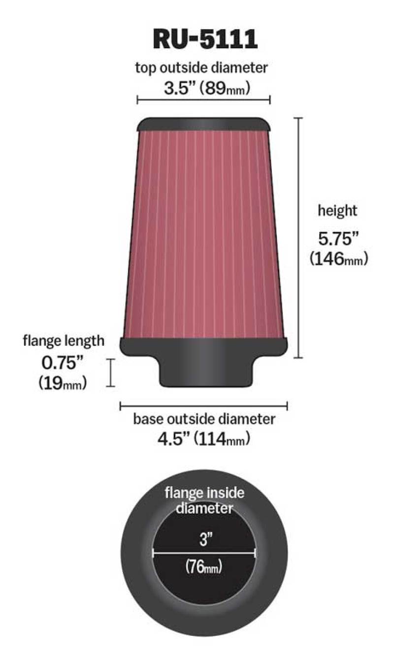 K&N Filter Universal Rubber Filter 3  Flange 4 1/2 Base inch 3 1/2 inch Top 5 3/4 inch Height - Burkken Auto Parts