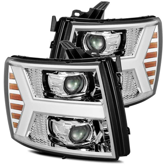 AlphaRex 07-13 Chevy 1500 LUXX LED Proj Headlights Plank Design Chrome w/ Activ Light/Seq Signal/DRL - Burkken Auto Parts