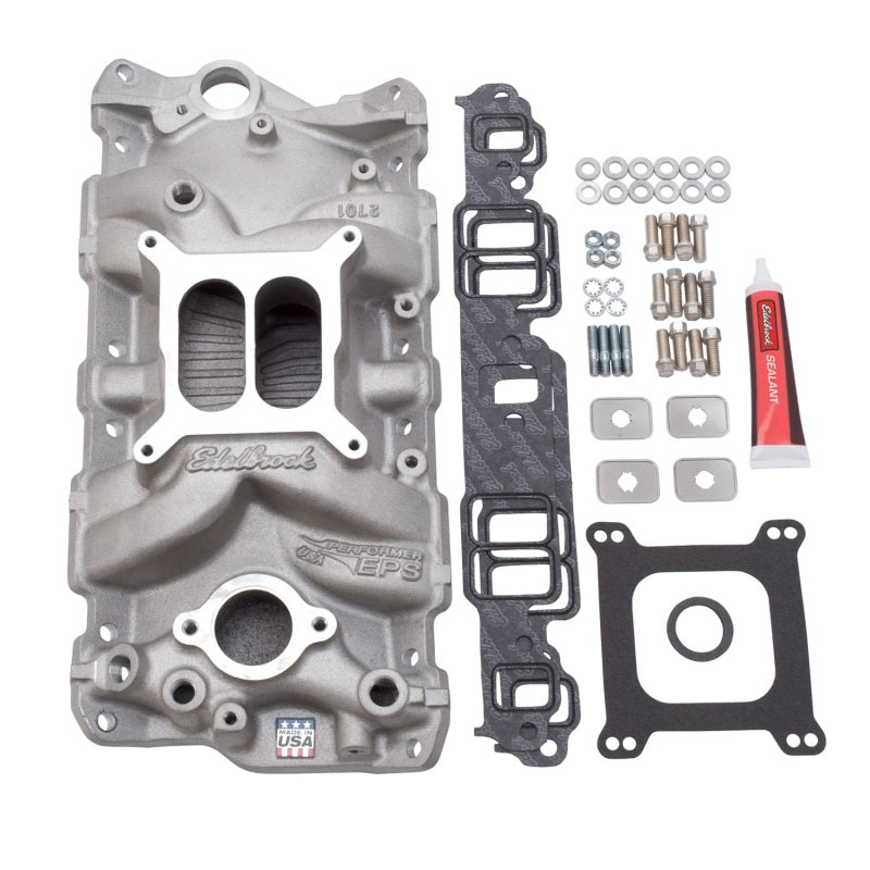 Edelbrock Manifold w/ Installation Kit Performer Eps SBC 1957-1986 Natural Finish - Burkken Auto Parts