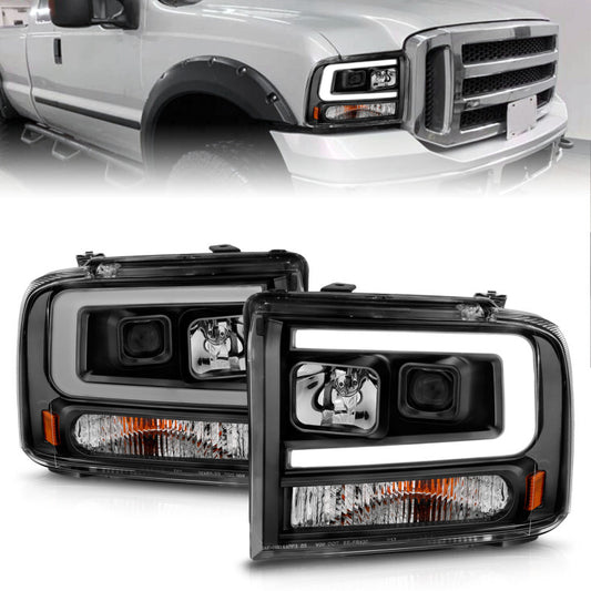 ANZO 99-04 Ford F250/F350/F450/Excursion (excl 99) Projector Headlights - w/ Light Bar Black Housing - Burkken Auto Parts