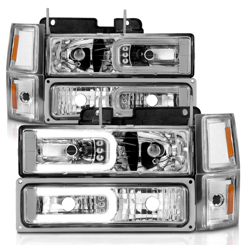 ANZO 88-98 Chevrolet C1500 Crystal Headlights w/Light Bar Chrome Housing w/ Signal Side Markers 8Pcs - Burkken Auto Parts