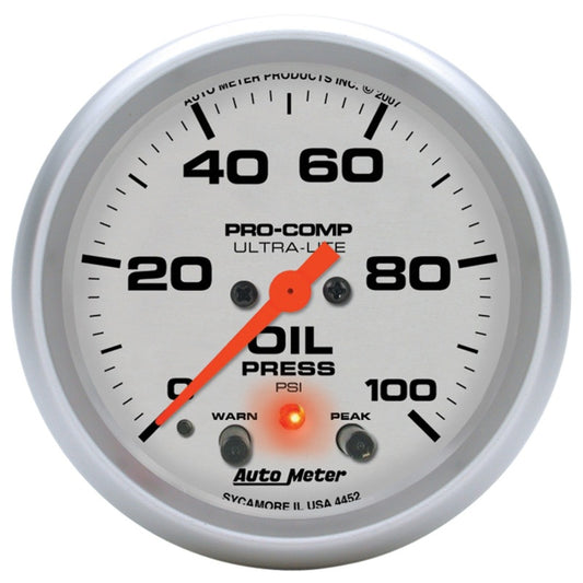 Autometer Ultra-Lite 66.7mm Oil Press 2 5/8in 100PSI Digital Stepper Motor w/ Peak & Warning Light - Burkken Auto Parts