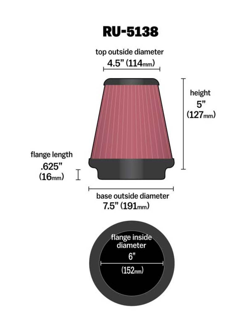 K&N Universal Clamp-On Air Filter 6in FLG / 7-1/2in B / 4-1/2in T / 5in H - Burkken Auto Parts