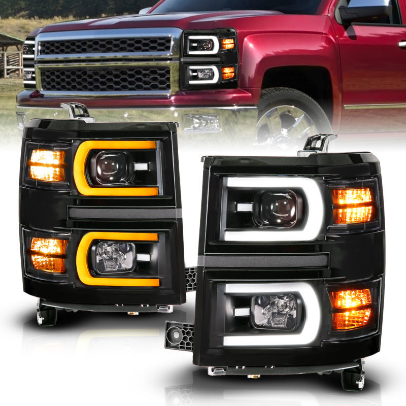 ANZO 14-15 Chevy Silverado 1500 Black Dual Switchback+Sequential LED Tube Sq. Projector Headlights - Burkken Auto Parts
