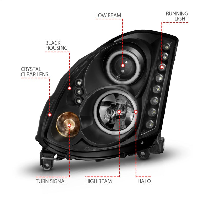 ANZO 2003-2007 Infiniti G35 Projector Headlights w/ Halo Black (CCFL) (HID Compatible) - Burkken Auto Parts