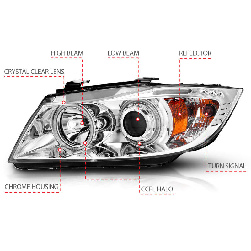 ANZO 2006-2008 BMW 3 Series E90-E91 Projector Headlights w/ Halo w/ LED Bar Chrome (CCFL) - Burkken Auto Parts