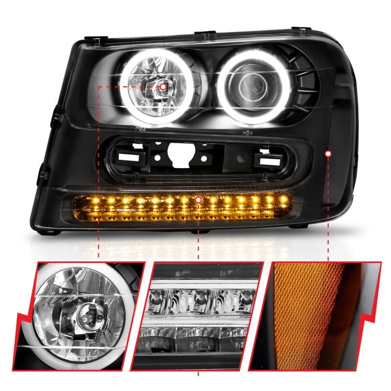 ANZO 2002-2009 Chevrolet Trailblazer Projector Headlights w/ Halo Black - Burkken Auto Parts