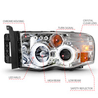 ANZO 2002-2005 Dodge Ram 1500 Projector Headlights w/ Halo Chrome Clear Amber - Burkken Auto Parts