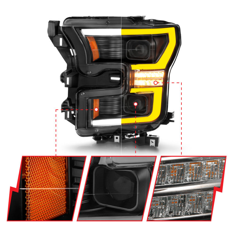 ANZO 15-17 Ford F-150 LED Projector Headlights - w/ Light Bar Switchback Black Housing - Burkken Auto Parts
