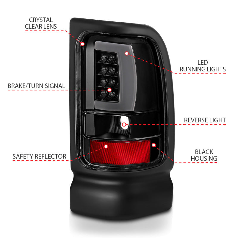 ANZO 1994-2001 Dodge Ram 1500 LED Taillights Plank Style Black w/Clear Lens - Burkken Auto Parts