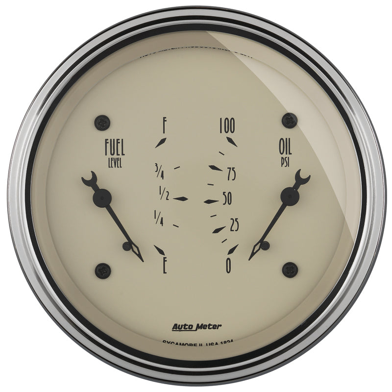 AutoMeter Gauge Dual Fuel & Oilp 3-3/8in. 0 Ohm(e) to 90 Ohm(f)& 100PSI Elec Antq Beige - Burkken Auto Parts