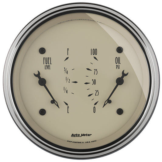 AutoMeter Gauge Dual Fuel & Oilp 3-3/8in. 0 Ohm(e) to 90 Ohm(f)& 100PSI Elec Antq Beige - Burkken Auto Parts