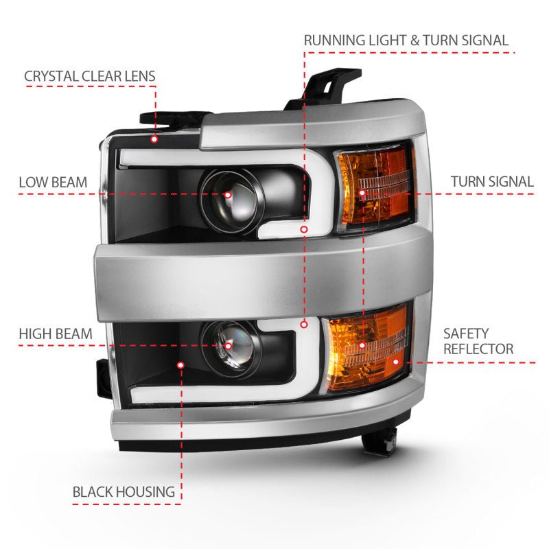 ANZO 2015-2016 Chevrolet Silverado Projector Headlights w/ Plank Style Design Black w/ Amber - Burkken Auto Parts